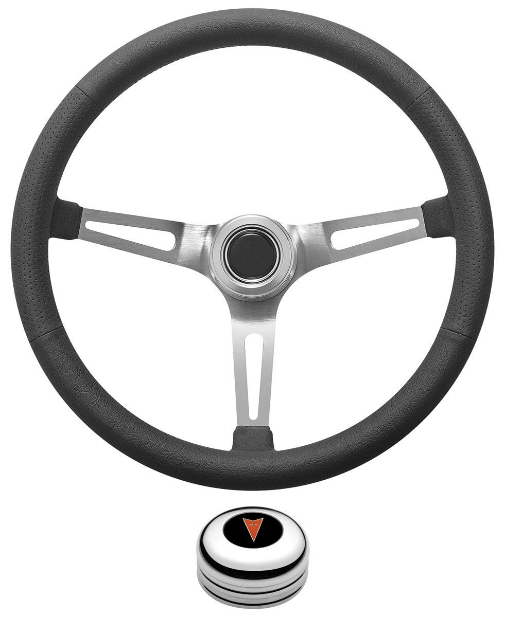 Steering Wheel Kit, 1969-77 Pontiac, Retro w/Slots, Pontiac Crest Cap, Polished 1 Steering Wheel Kit, 1969-77 Pontiac, Retro w/Slots, Pontiac Crest Cap, Polished