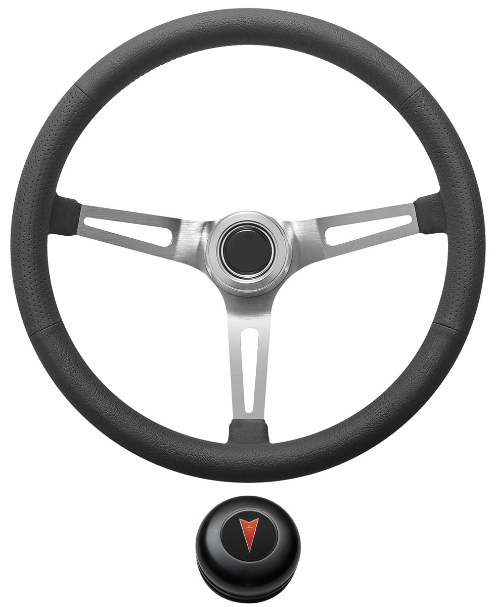 Steering Wheel Kit, 1969-77 Pontiac, Retro w/Slots, Pontiac Crest Cap, Black 1 Steering Wheel Kit, 1969-77 Pontiac, Retro w/Slots, Pontiac Crest Cap, Black