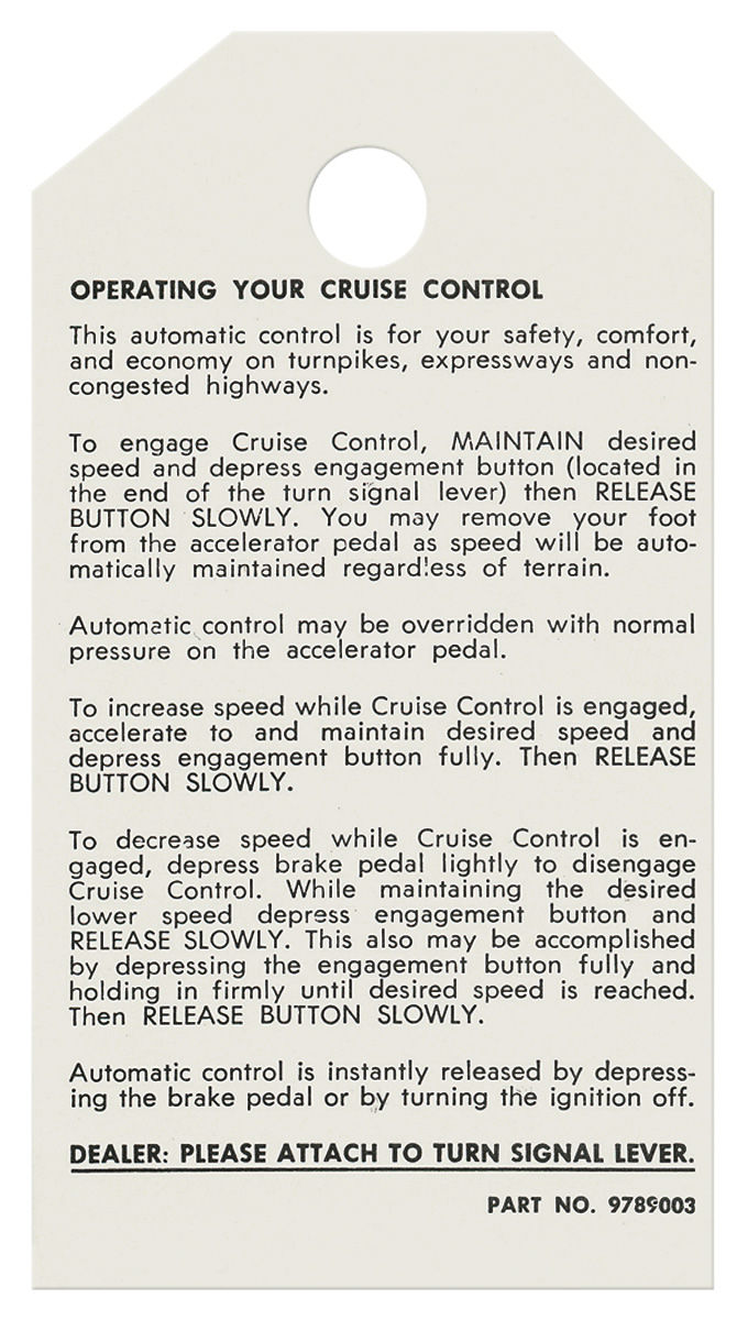 Instructions Tag, Cruise Control, 1975-77 Bonneville/Catalina/Grand Prix