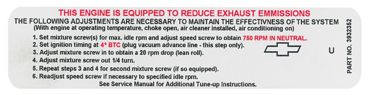 Decal, Emissions, 1970 Chevelle/El Camino/Monte Carlo, 350 350HP 1 Decal, Emissions, 1970 Chevelle/El Camino/Monte Carlo, 350 350HP