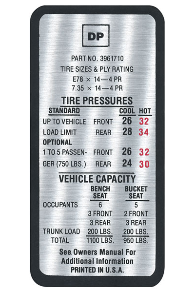 Decal, Tire Pressure, 1969-70 Chevelle, DP 3961710
