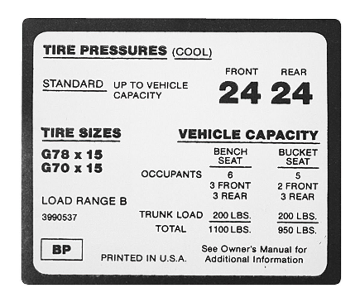 Decal, Tire Pressure, 1971-72 Monte Carlo, In Glove Box