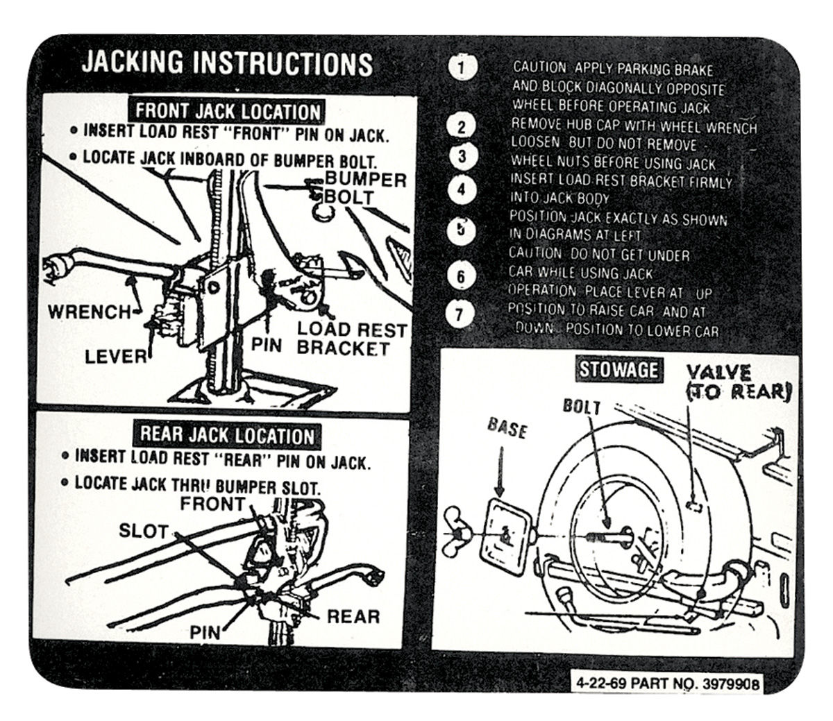 Decal, Jacking Instructions, 1970 El Camino, GM Number: 3979908, Dated: 4-22-69 1 Decal, Jacking Instructions, 1970 El Camino, GM Number: 3979908, Dated: 4-22-69
