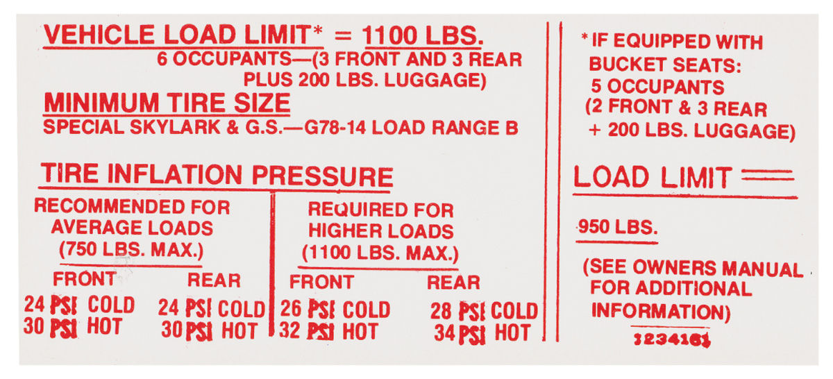 Decal, Tire Pressure, 1970 Skylark/Special/GS, GM # 1234162